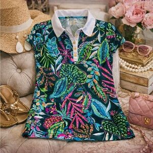 💚 Lilly Pulitzer Luxletic Polo Top S • Tropical Print • Gold Buttons